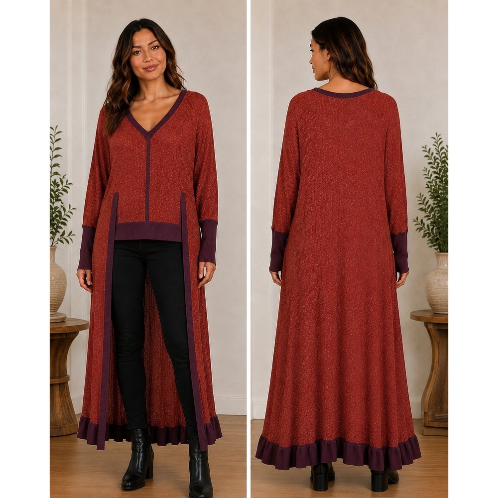 Vtg Byron Lars Anthropologie Red  Knit Tunic Duster High Low Ruffle Top 12 Artsy